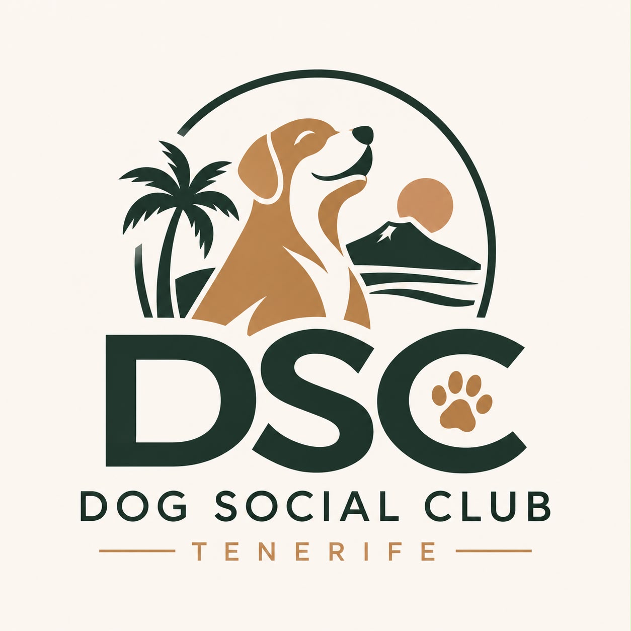 DSC Dog Social Club Tenerife, perro, palmera y Teide en verde y ocre